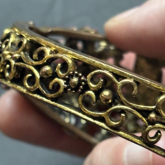 Vintage Mid Century Floral Rhinestone Clamper Bracelet Purple Pink Jewelry - Picture 4 of 16